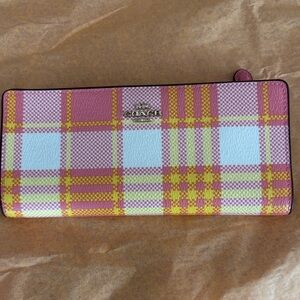 Coach Vibrant Plaid Wallet in Pink and Yellow
